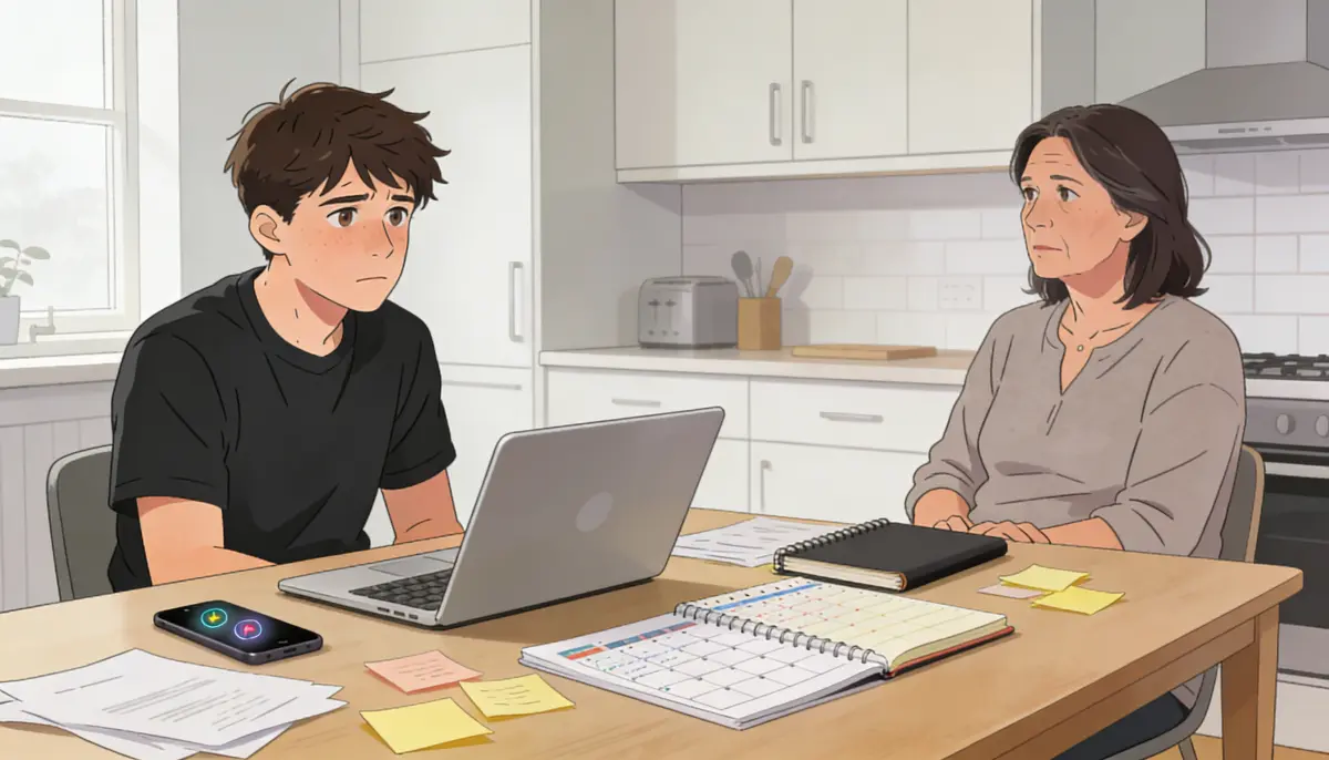 Young adult with ADHD sitting with a laptop while a parent offers calm support nearby without taking over