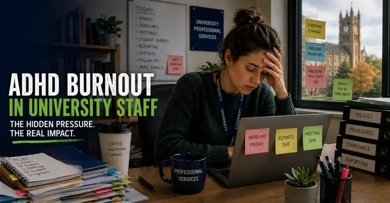 University professional services worker experiencing ADHD burnout while still keeping up with emails, deadlines and hidden pressure