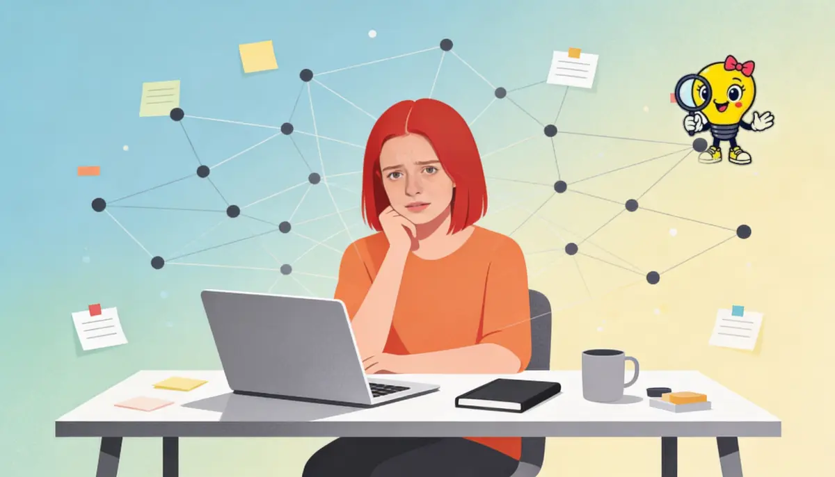 Person at a desk surrounded by reminders, sticky notes and notifications, with connected dots showing ADHD pattern spotting and practical support