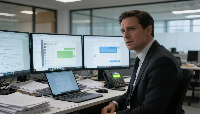 Person in an office feeling overwhelmed by constant interruptions, messages and fragmented attention