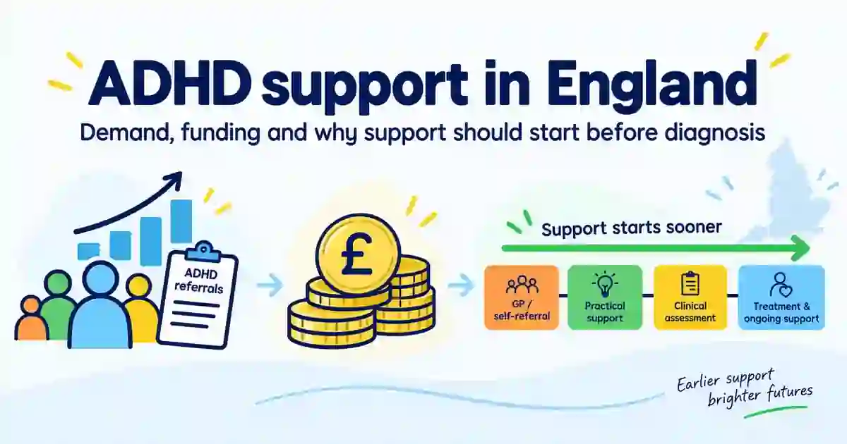 Illustration titled ADHD support in England, showing rising ADHD referrals, NHS funding and a support-first pathway before clinical assessment.