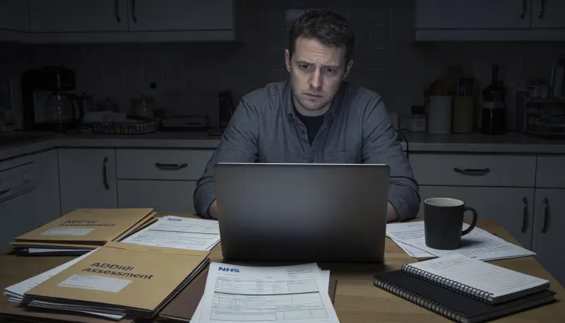 Adult surrounded by NHS paperwork and ADHD support forms trying to organise diagnosis and support in the UK
