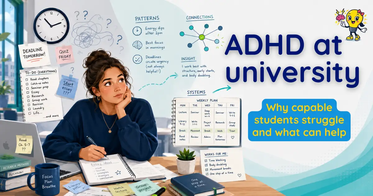 University student surrounded by deadlines and study plans while working out an ADHD-friendly system