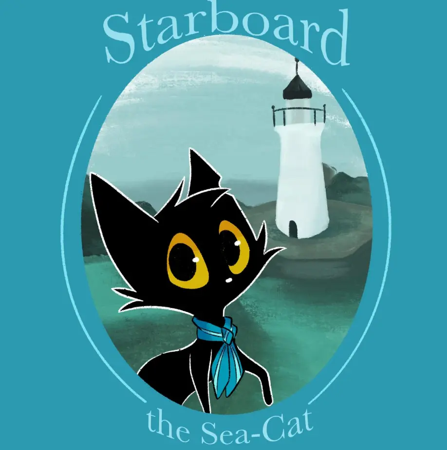 Illustrated Starboard the Sea-Cat cover with a black sea-cat, lighthouse and misty teal coastline