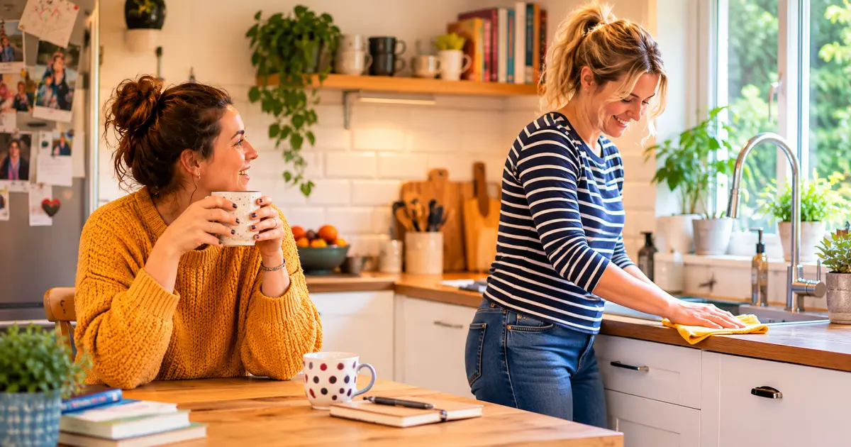 One person chatting over coffee while another tidies a kitchen, showing ADHD body doubling in everyday life