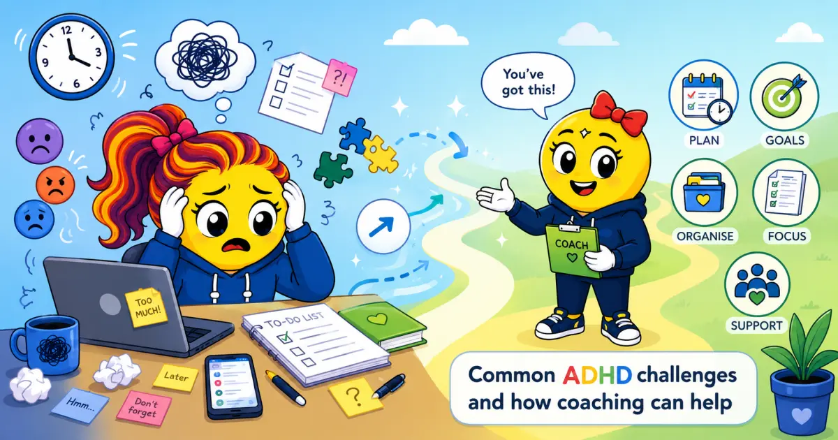 ADHDappi characters showing common ADHD challenges at a cluttered desk and practical coaching support leading towards clearer planning