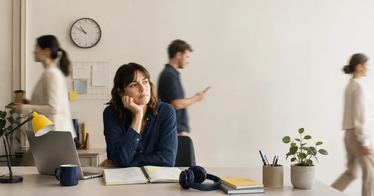 Woman sitting thoughtfully at a desk while other people move around a busy office, representing the pressure to appear normal with ADHD