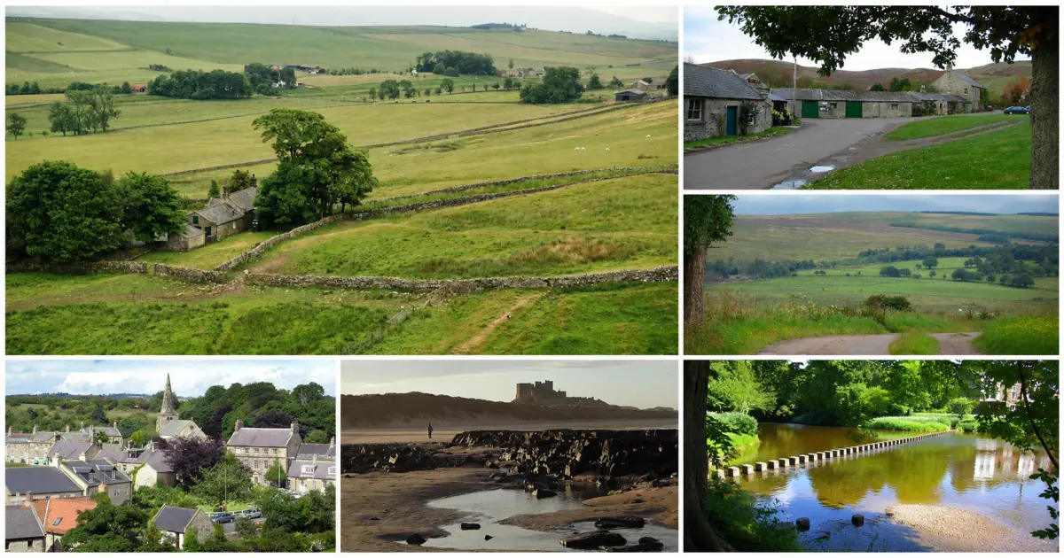 Montage of rural Northumberland locations including Steel Rigg, Alwinton, Nunnykirk, Warkworth, Bamburgh and Morpeth