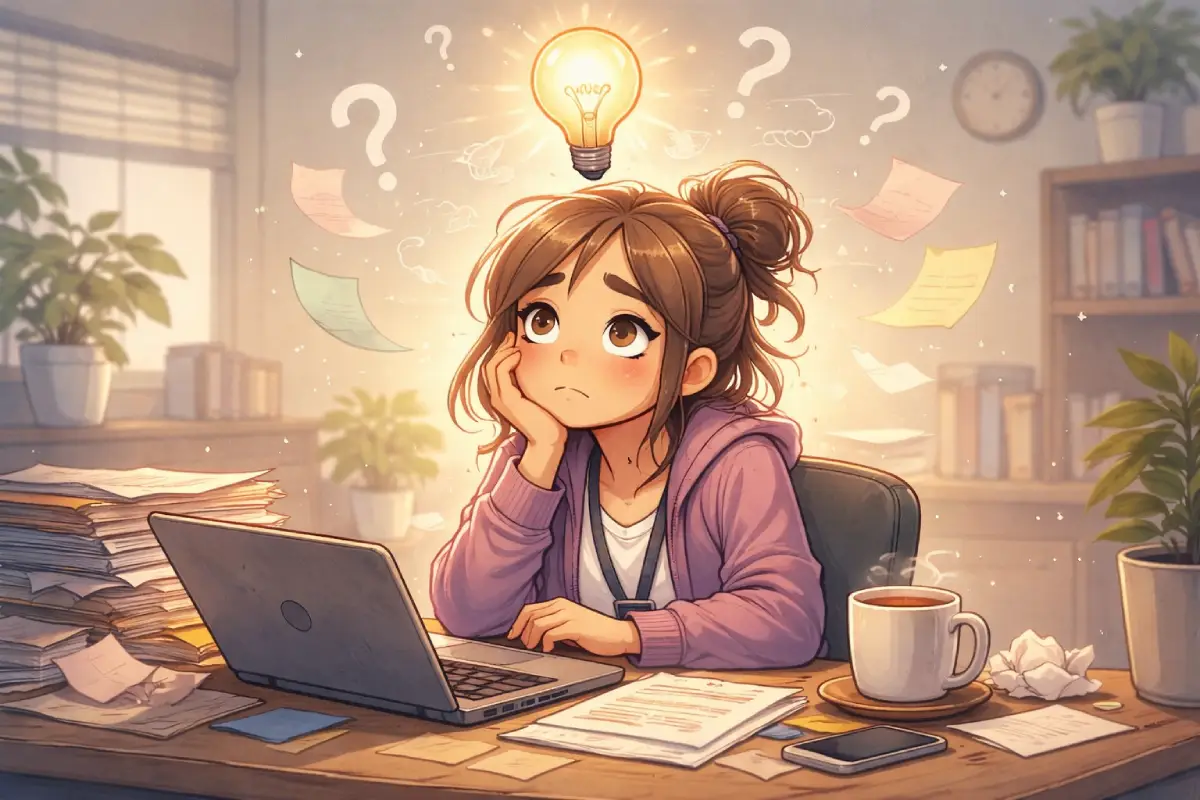ADHD overwhelm at work illustration showing someone feeling stuck and unable to start tasks