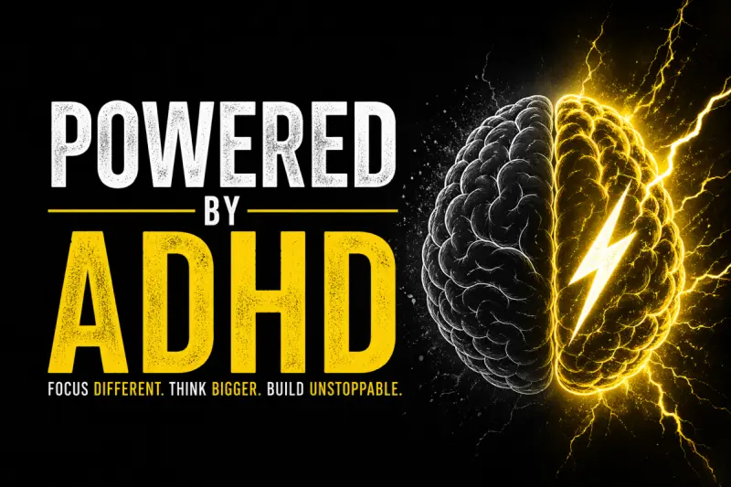 Powered by ADHD article cover showing a vivid neurodivergent brain powering ideas, creativity and unconventional thinking