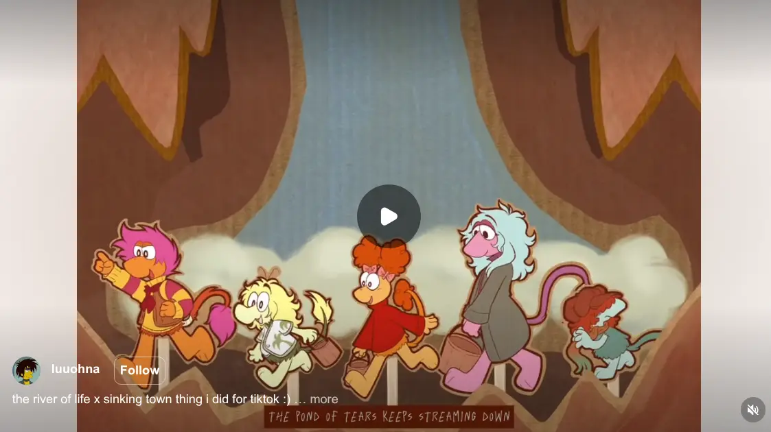 Video preview for The River of Life animation, showing a group of colourful characters walking through a theatrical landscape