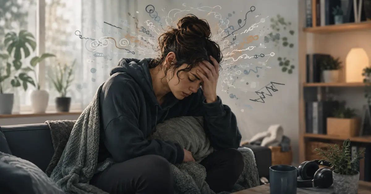 Autistic adult sitting on a sofa feeling exhausted and overwhelmed, representing autistic burnout in adults