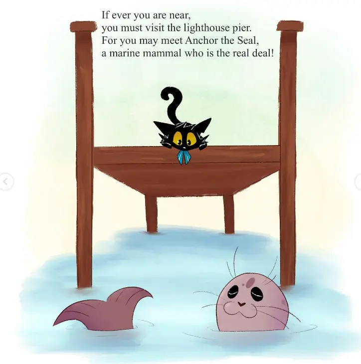 Illustrated storybook page showing Starboard peering from a pier at Anchor the Seal swimming below