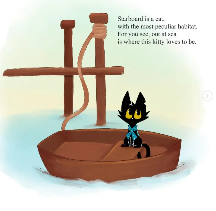 Illustrated storybook page showing Starboard the black sea-cat sitting in a small wooden boat beside a pier