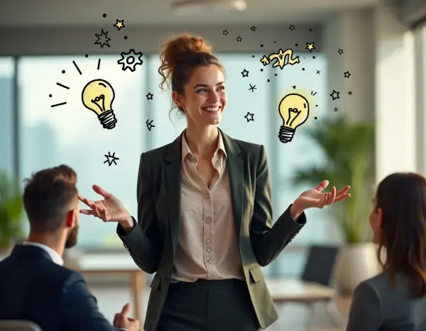 Neurodivergent professional woman sharing creative ideas during an Access to Work meeting